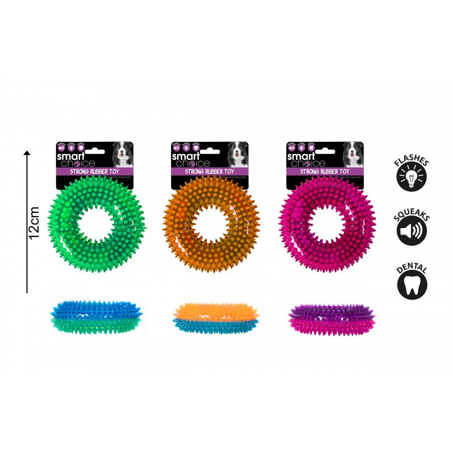 SMART CHOICE FLASHING SQUEAKY RUBBER RING DOG TOY 3 ASSORTED COLOURS