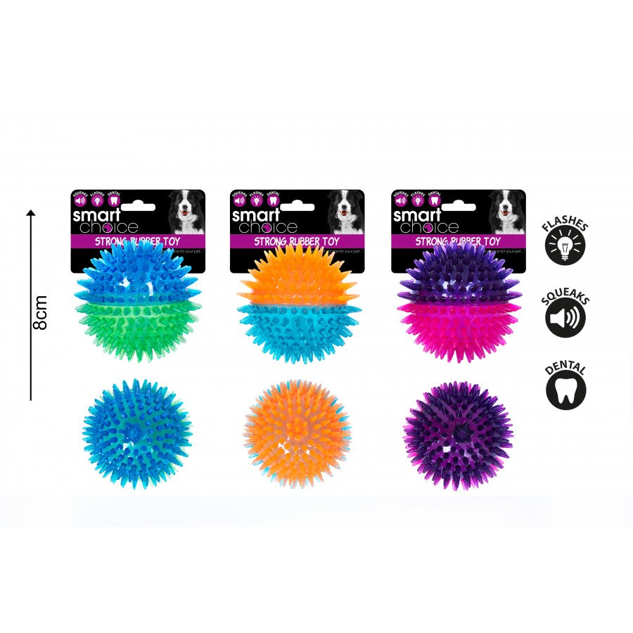 SMART CHOICE FLASHING SQUEAKY RUBBER BALL DOG TOY 3 ASSORTED COLOURS