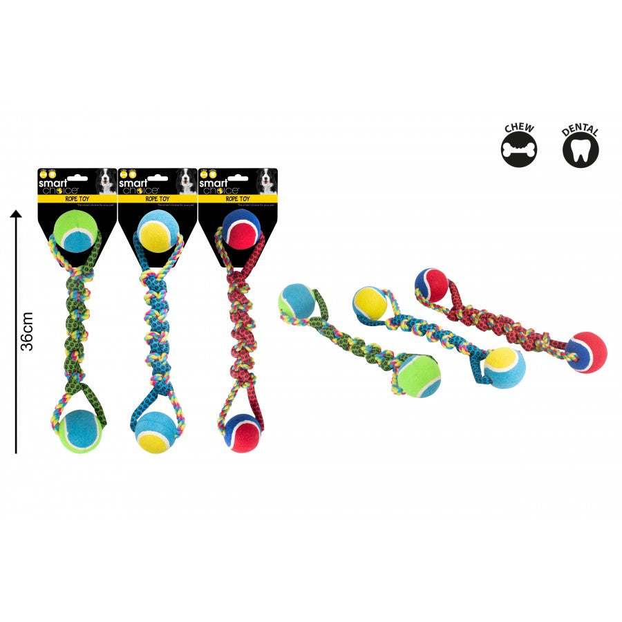 SMART CHOICE TENNIS BALL ROPE DOG TUG TOY 3 ASSORTED COLOURS