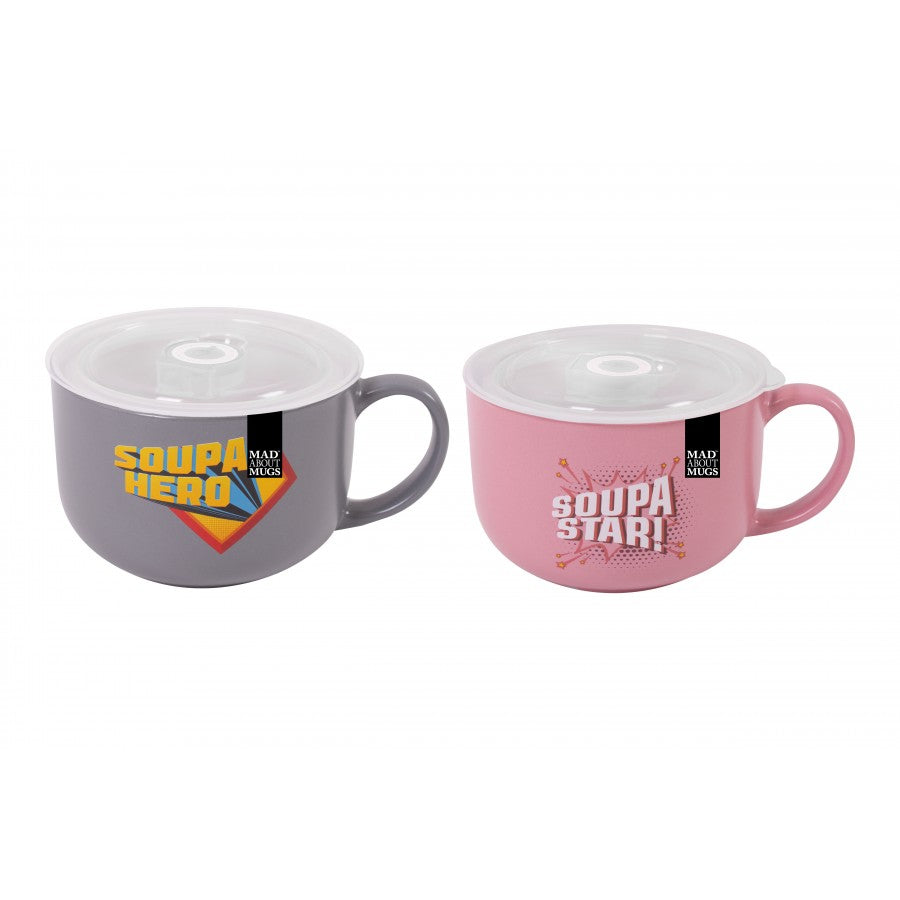 MAD ABOUT MUGS SOUP MUG WITH LID 25OZ 2 ASSORTED COLOURS