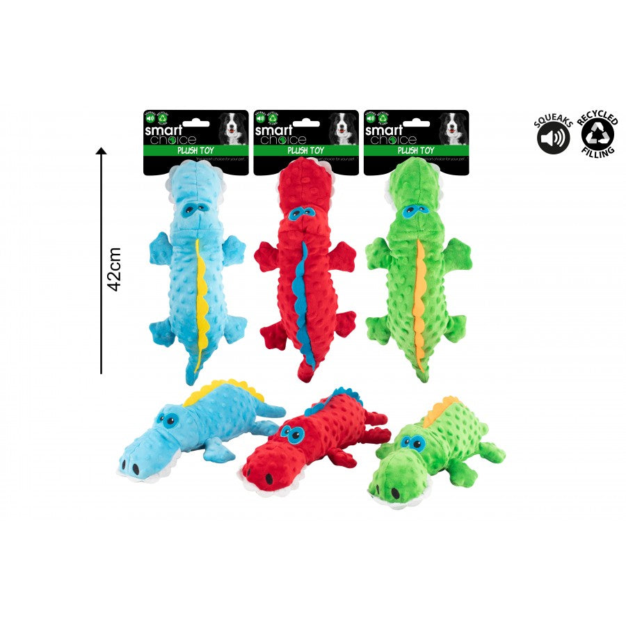 SMART CHOICE SQUEAKY PLUSH ALLIGATOR DOG TOY 3 ASSORTED COLOURS